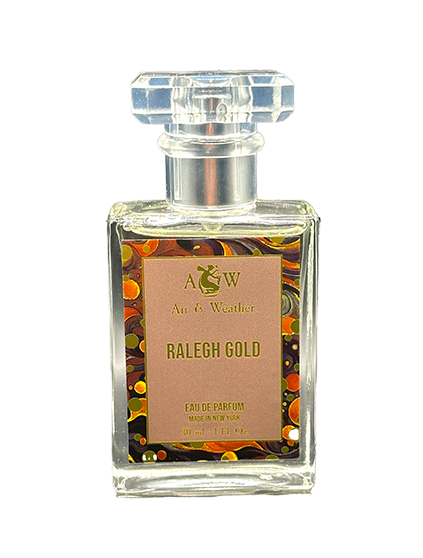 RG1oz.NOBG Air & Weather's Ralegh Gold fragrance, 30 ml/1 fl. oz. spray bottle.